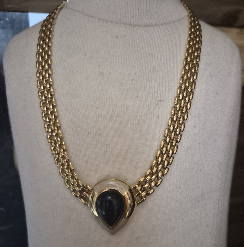 Trifari Gold Tone Multi-Strand Necklace with Black Teardrop Center